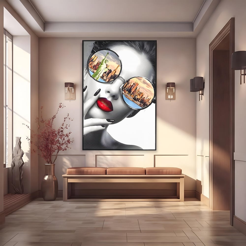 Tablou canvas cu tablou canvas cu portret femeie ochelari, in rama de aluminiu negru